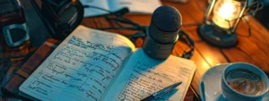 a microphone surrounded by a notebook, pen, and coffee cup on a desk with podcast episode titles scribbled in bold letters.